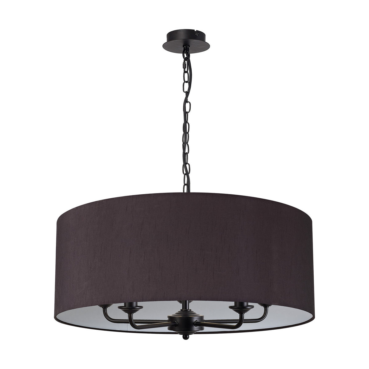 Banyan 5 Light E14 fabric pendant light in matt black, 60cm wide drum shade on a black chain and ceiling plate, showing five candle-style arms inside, against a plain white background.