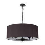 Banyan 5 Light E14 fabric pendant light in matt black, 60cm wide drum shade on a black chain and ceiling plate, showing five candle-style arms inside, against a plain white background.
