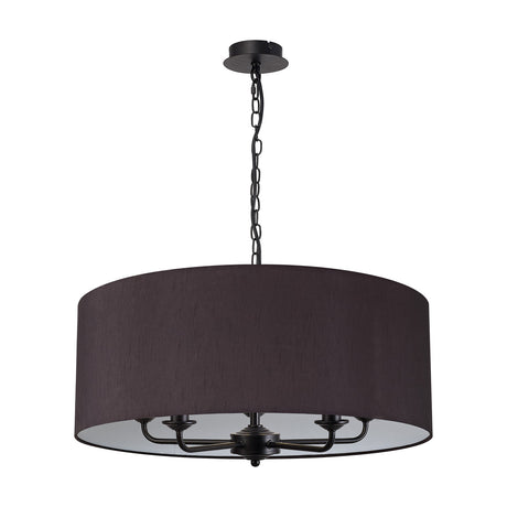 Banyan 5 Light E14 fabric pendant light in matt black, 60cm wide drum shade on a black chain and ceiling plate, showing five candle-style arms inside, against a plain white background.