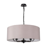 Banyan 5 Light pendant with a grey 60cm faux silk drum shade on a matt black frame, five arms visible inside, hung from a black chain, shown on a plain white background.