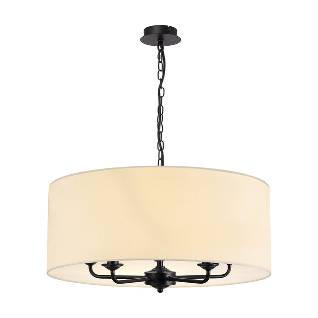 Banyan 5-light fabric pendant with a 60cm ivory pearl drum shade on a matt black frame with five curved arms, hung from a black chain, shown on a plain white background.