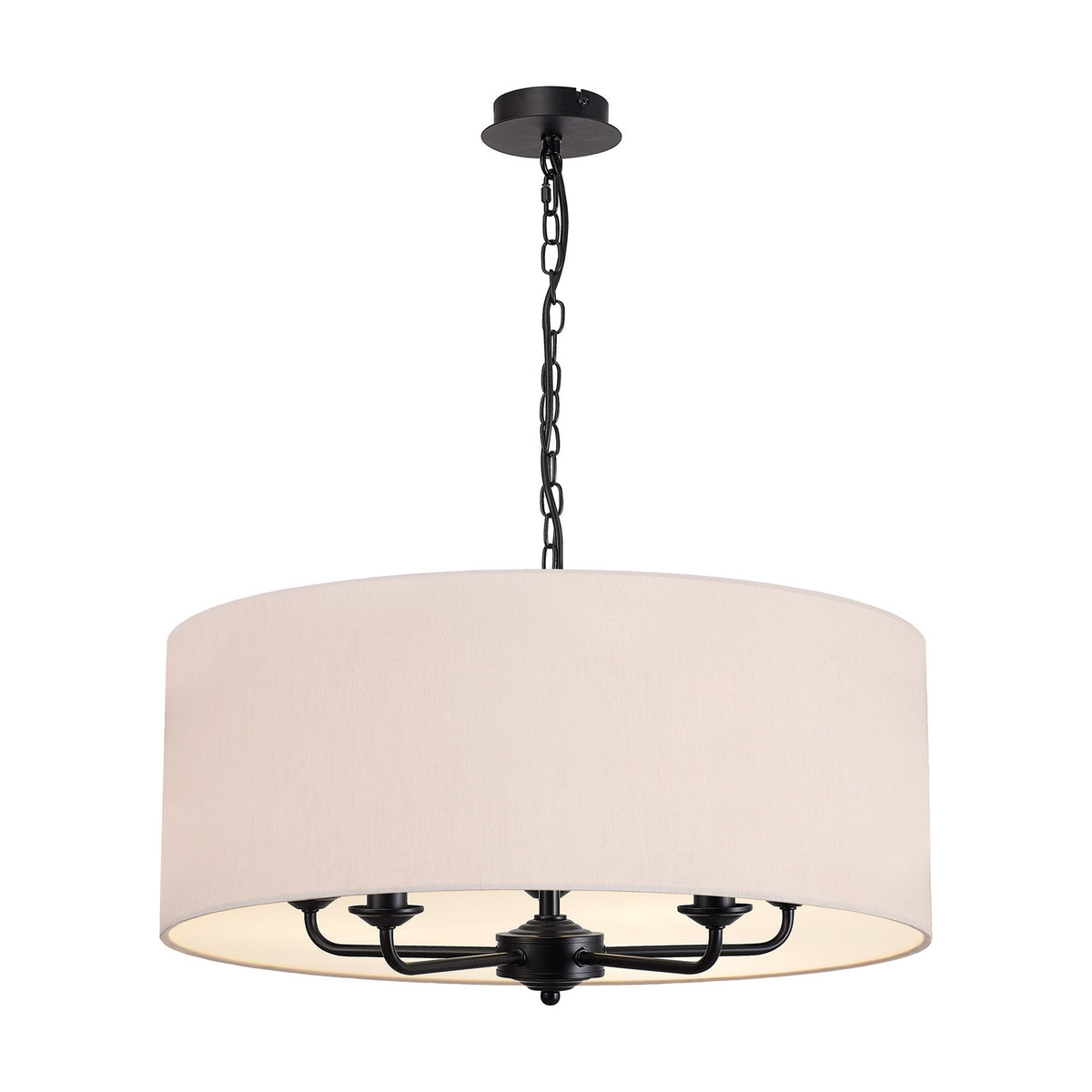 Banyan E14 5 Light Fabric Pendant, a large 60cm drum shade in nude beige fabric with matt black five-arm frame and chain suspension, shown on a plain white background.
