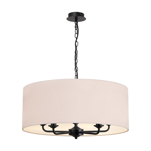 Banyan E14 5 Light Fabric Pendant, a large 60cm drum shade in nude beige fabric with matt black five-arm frame and chain suspension, shown on a plain white background.