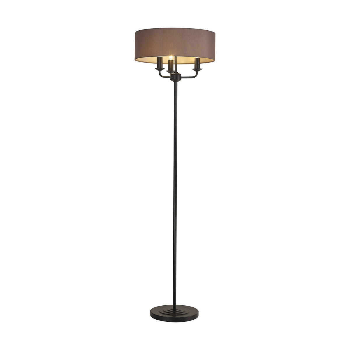 Banyan 3 Light E14 floor lamp with slim matt black stem and round base, featuring a 45cm grey drum shade with white inner lining over three candle lights, on a plain white background.