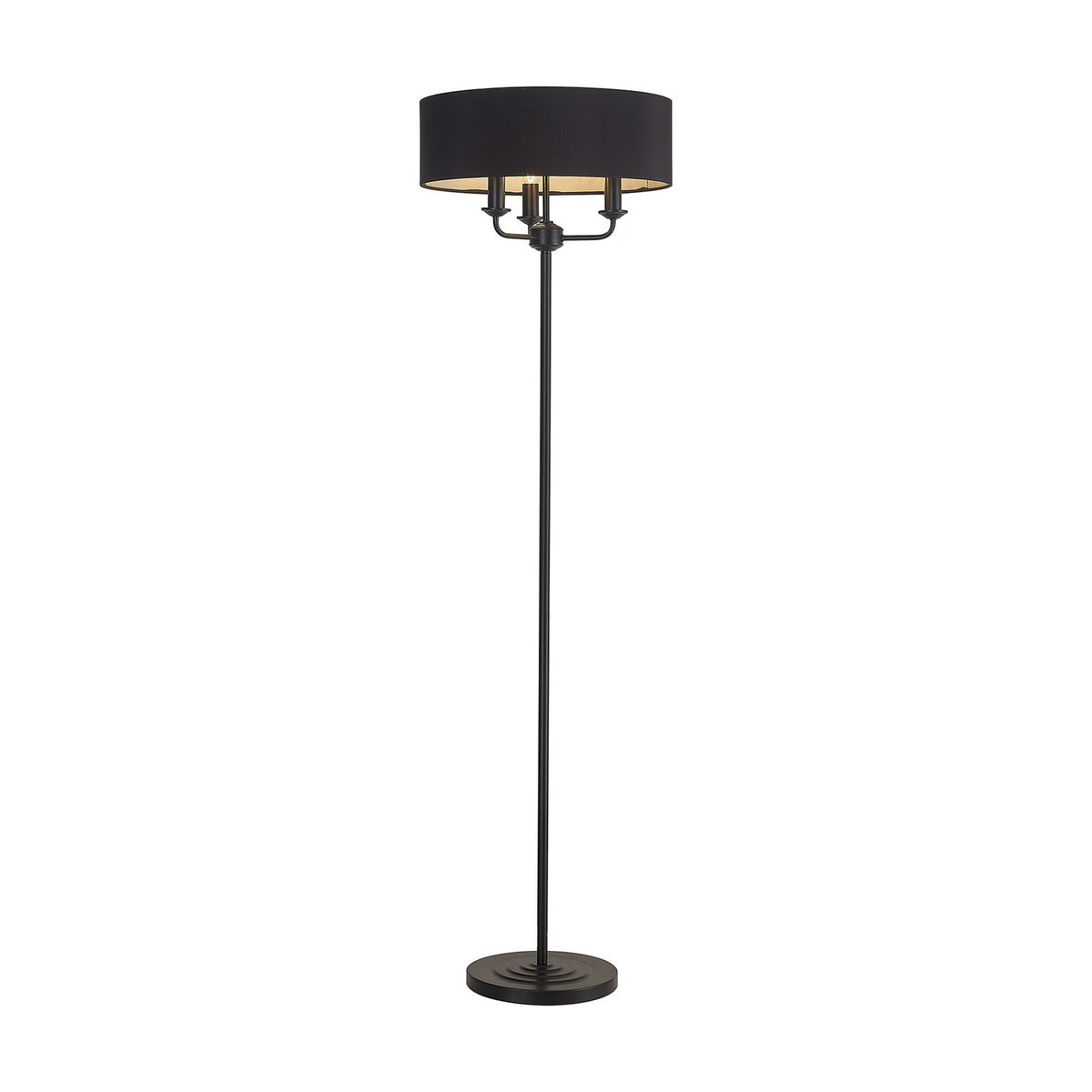 Banyan 3 Light E14 floor lamp with a 45cm wide black faux silk drum shade and white lining, on a matt black stem and round base, shown on a plain white background.
