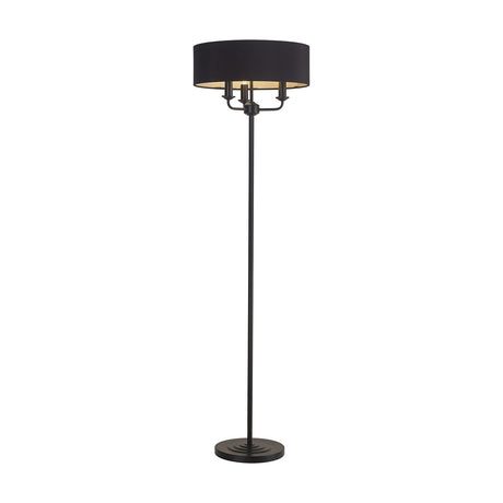 Banyan 3 Light E14 floor lamp with a 45cm wide black faux silk drum shade and white lining, on a matt black stem and round base, shown on a plain white background.