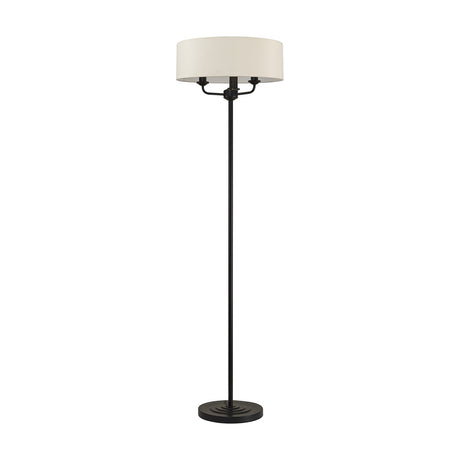 Banyan 3 Light E14 Floor Lamp with round ivory pearl fabric drum shade, matt black metal stem and circular base, on a plain white background.
