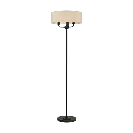 Banyan 3 Light E14 Floor Lamp with a 45cm nude beige drum shade on a matt black stem and round base, shown on a plain white background.