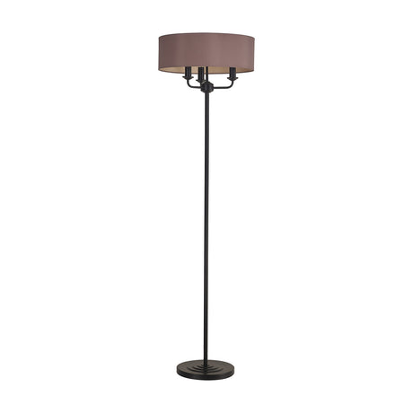 Banyan Floor Lamp with taupe drum shade over three candle lights on a slim matt black stem and weighted base, shown on a plain white background.