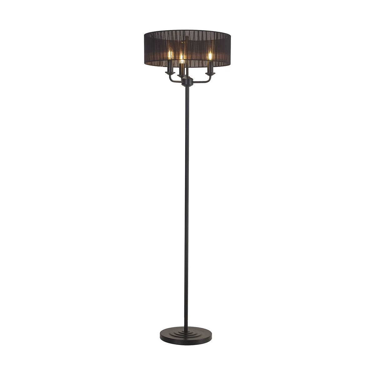 Banyan 3 Light E14 floor lamp with a 45cm matt black frame and sheer organza drum shade on a slim column, shown on a plain white background.