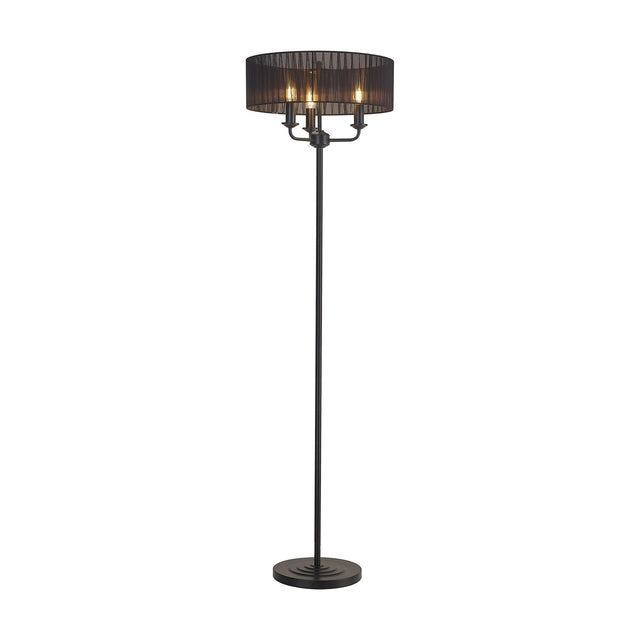 Banyan 3 Light E14 floor lamp with a 45cm matt black frame and sheer organza drum shade on a slim column, shown on a plain white background.