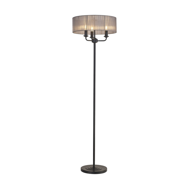 Banyan 3 Light E14 Floor Lamp with slim matt black stand and round base, topped by a wide grey organza drum shade, 1.6m high, shown on a plain white background.
