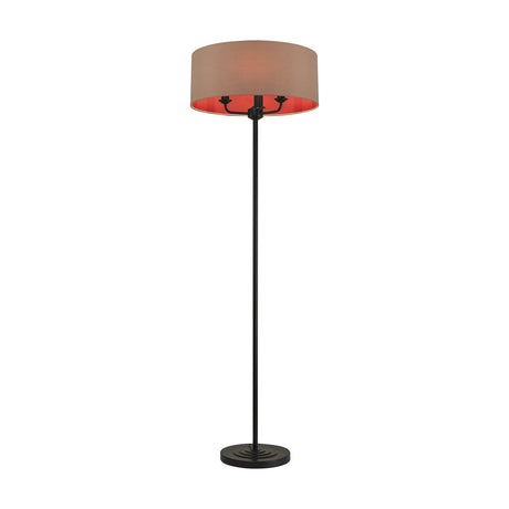 Banyan 3 Light E14 Floor Lamp with wide drum shade in antique gold with ruby lining, matt black stem and round base, on a plain white background.