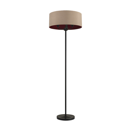 Banyan 3 Light E14 Floor Lamp with wide drum shade in antique gold with ruby lining, matt black stem and round base, on a plain white background.