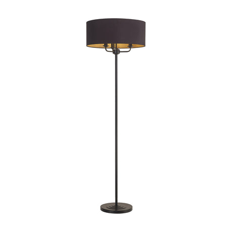 Banyan 3 Light E14 Floor Lamp with wide drum shade in midnight black fabric and olive lining, matt black stem and round base, on a plain white background.