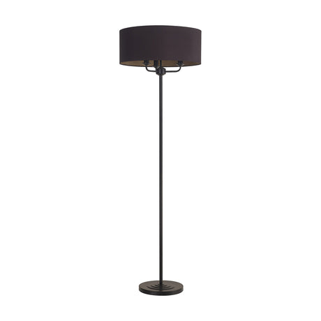 Banyan 3 Light E14 Floor Lamp with wide drum shade in midnight black fabric, matt black stand and round base, on a plain white background.