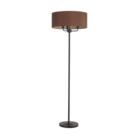 Banyan 3 Light E14 floor lamp with matt black frame and base, wide raw cocoa faux silk drum shade, on a plain white background.