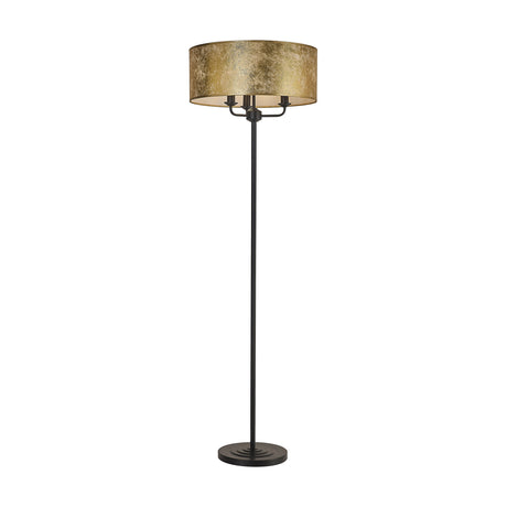 Banyan 3 Light E14 Floor Lamp with slim matt black stem and 50cm wide drum shade in gold foil finish, round black base, on a plain white background.