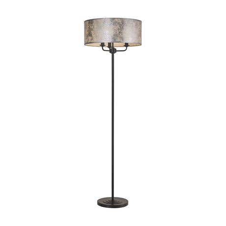 Banyan 3 Light E14 floor lamp with a 50cm silver leaf drum shade atop three candle lights, set on a slim matt black stem and weighted disc base, shown on a plain white background.