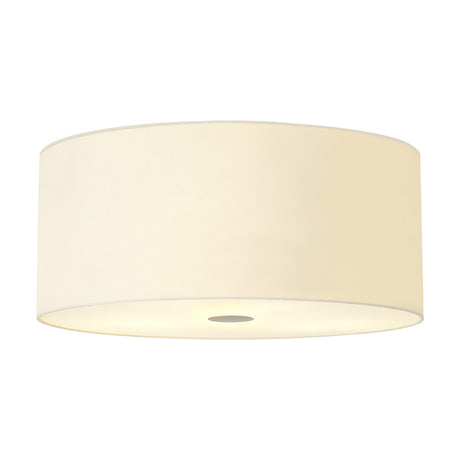 Baymont 5 Light Flush Ceiling Light 50cm – a drum-shaped ivory pearl faux silk shade with frosted acrylic diffuser and chrome detail underneath, shown on a plain white background.