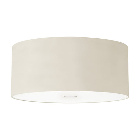 Baymont 5 Light Flush Ceiling Light in ivory pearl, a wide drum shade with frosted acrylic diffuser and chrome detail, shown on a plain white background.