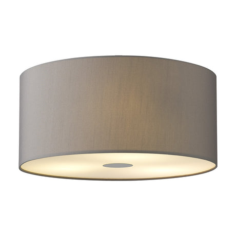 Baymont 3 Light E27 flush ceiling light with a 40cm grey faux silk drum shade, white lining, and frosted acrylic diffuser, shown on a plain white background.