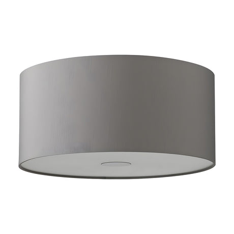 Baymont 3 Light E27 Flush Ceiling Light, a shallow grey drum shade with white interior lining and a frosted acrylic diffuser base, shown on a plain white background.