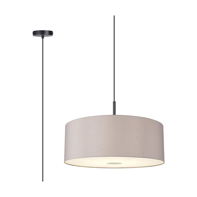 Baymont 5 Light Pendant Light in satin black, 60cm grey fabric drum shade with frosted acrylic diffuser underneath, shown with cable and ceiling rose on a plain white background.