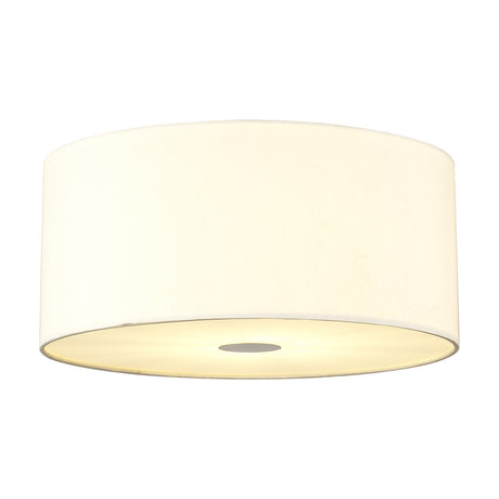 Baymont 3 Light Flush Ceiling Light, 40cm drum shade in ivory pearl fabric with frosted diffuser base, shown against a plain white background.
