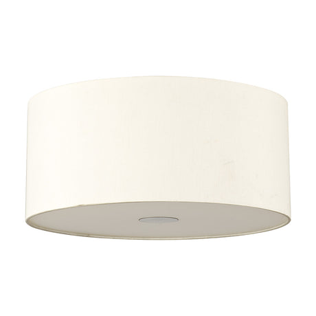 Baymont 3 Light Flush Ceiling Light, 40cm drum shade in ivory pearl fabric with frosted diffuser base, shown on a plain white background.