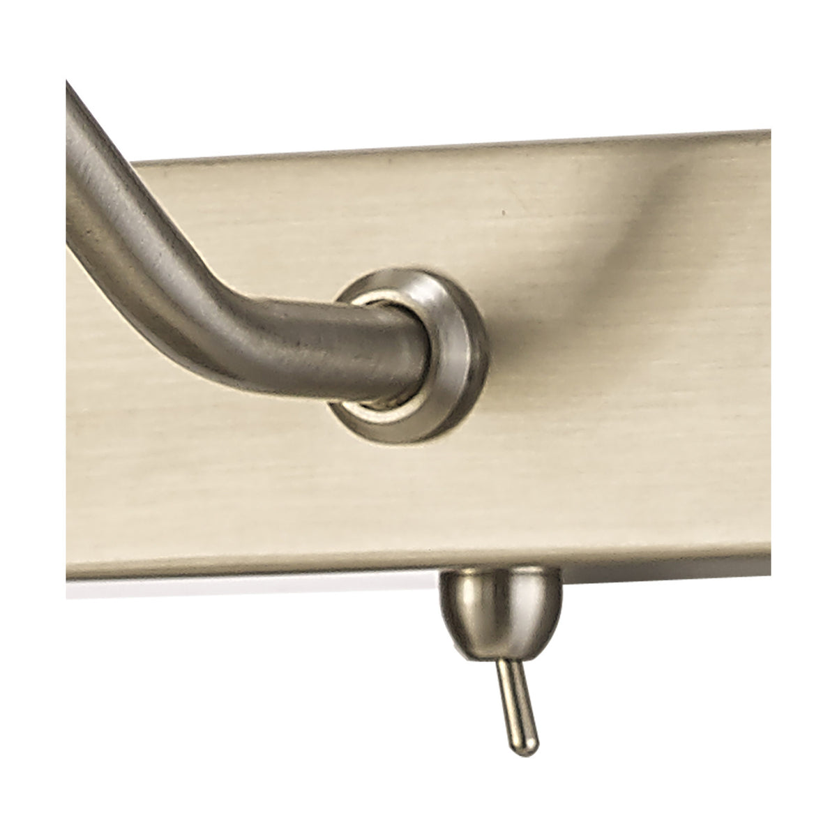 Close-up of the Abacus 2 Light Switched Picture Light in satin nickel, showing the curved arm, mounting bracket, and toggle switch on the horizontal fitting.