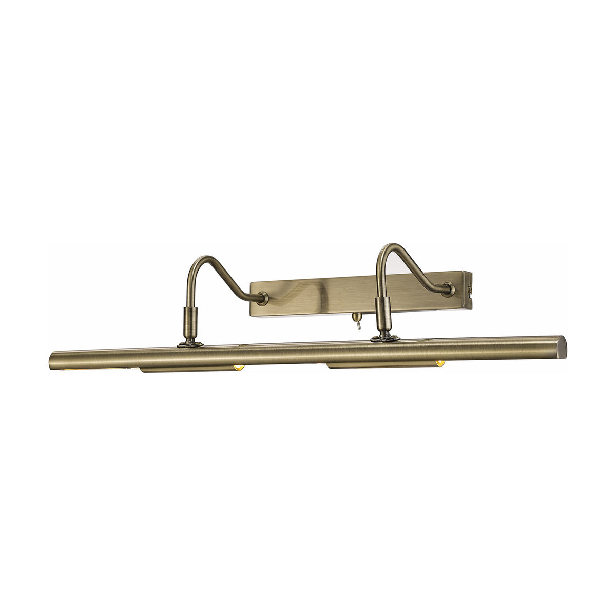 Abacus 4 Light Switched Picture Light in antique brass, a 60cm horizontal bar with two curved wall brackets, integrated toggle switches and G9 capsules, shown on a plain white background.