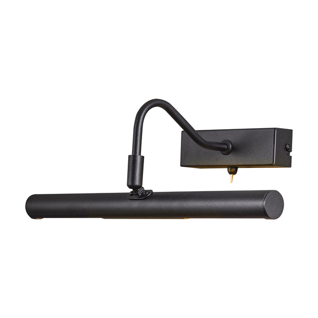 Abacus 2 Light Switched Picture Light, 35cm satin black wall light with a slim horizontal bar, curved arm, toggle switch, and G9 bulbs, shown on a plain white background.