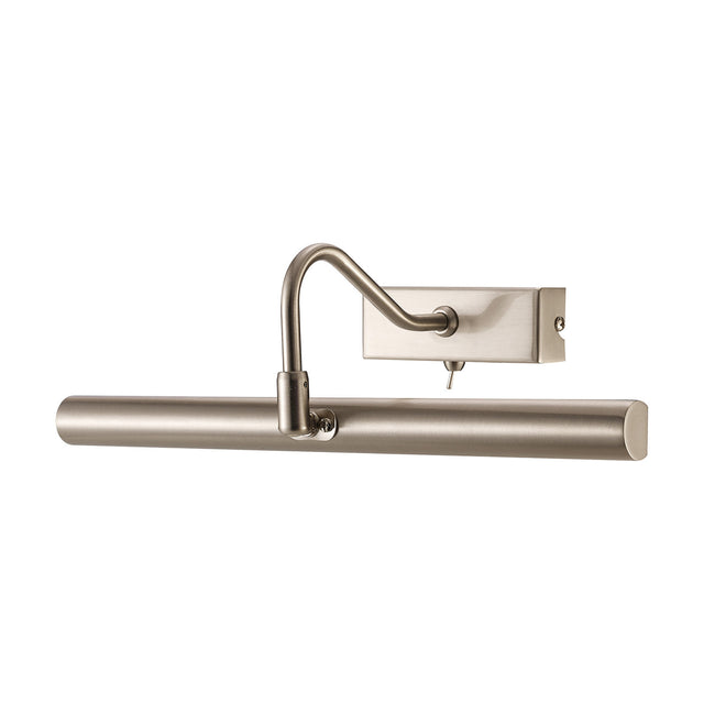 Abacus 35cm satin nickel picture light with curved arm, rectangular wall mount, toggle switch, and slim tube shade, shown on a plain white background.