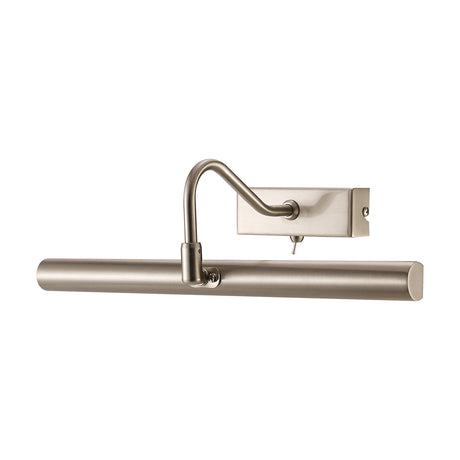 Abacus 2-light switched picture light in satin nickel, a straight 35cm bar with curved wall bracket and toggle switch, shown on a plain white background.