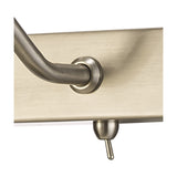 Close-up of the Abacus 2 Light Switched Picture Light in satin nickel, showing the curved arm bracket and toggle switch mounted on the straight bar fixture.