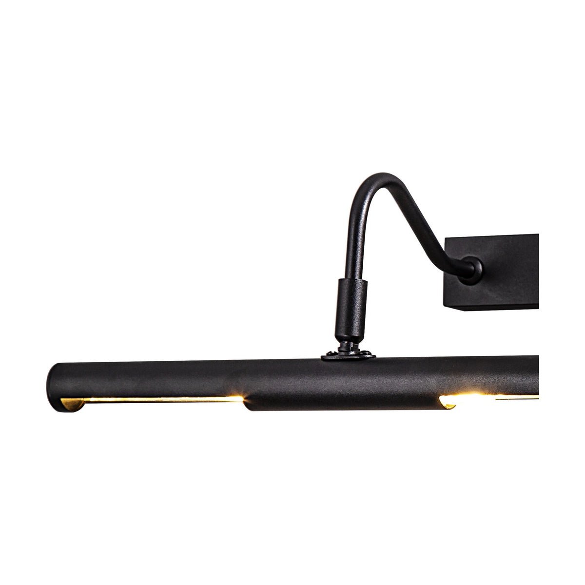 Abacus 4 Light Switched Picture Light in satin black, close-up of the curved gooseneck arm and long bar with visible LED light points, shown on a plain white background.