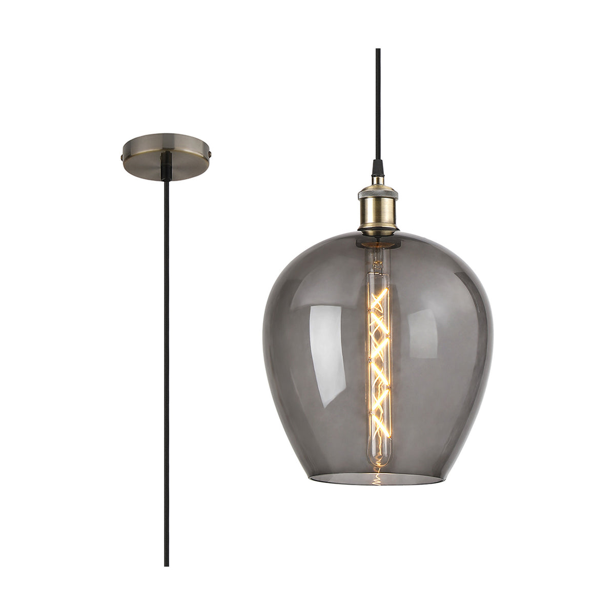 Cawdor E27 pendant light with a rounded smoke glass shade, antique brass fitting and black cable, shown alongside its ceiling rose and drop cable on a white background.