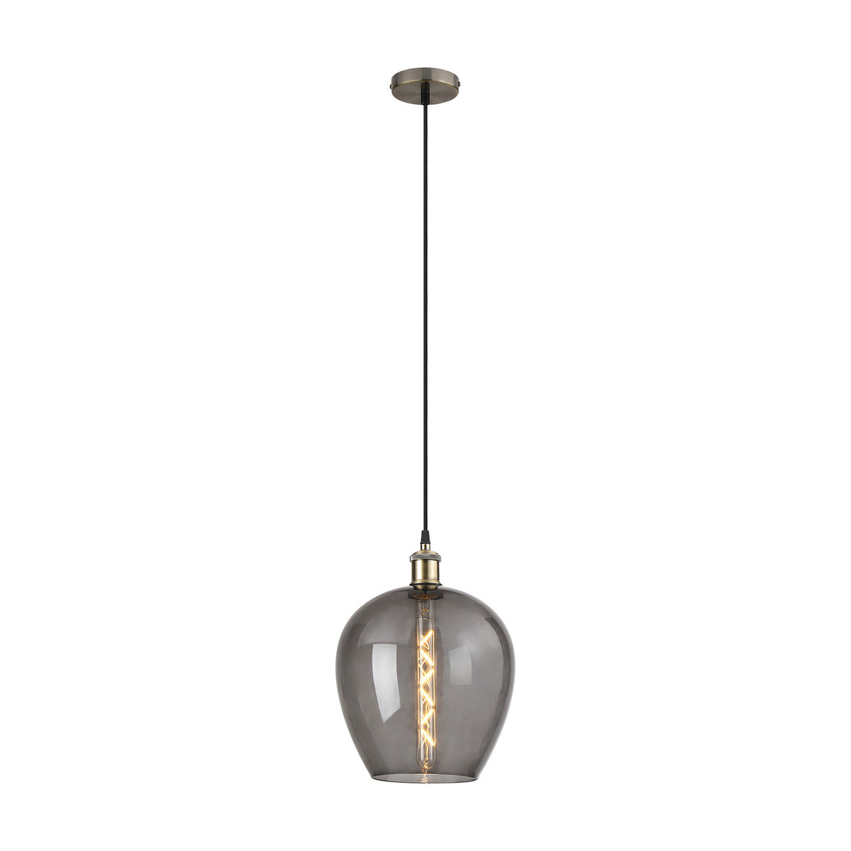 Cawdor E27 pendant light with a 25cm smoke-tinted glass shade shaped like an upturned wine glass, antique brass fitting and black cable, shown against a plain white background.