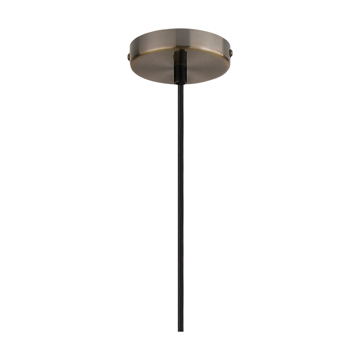 Cawdor E27 pendant light ceiling rose in antique brass with black cord and cable, shown on a plain white background without the glass shade attached.