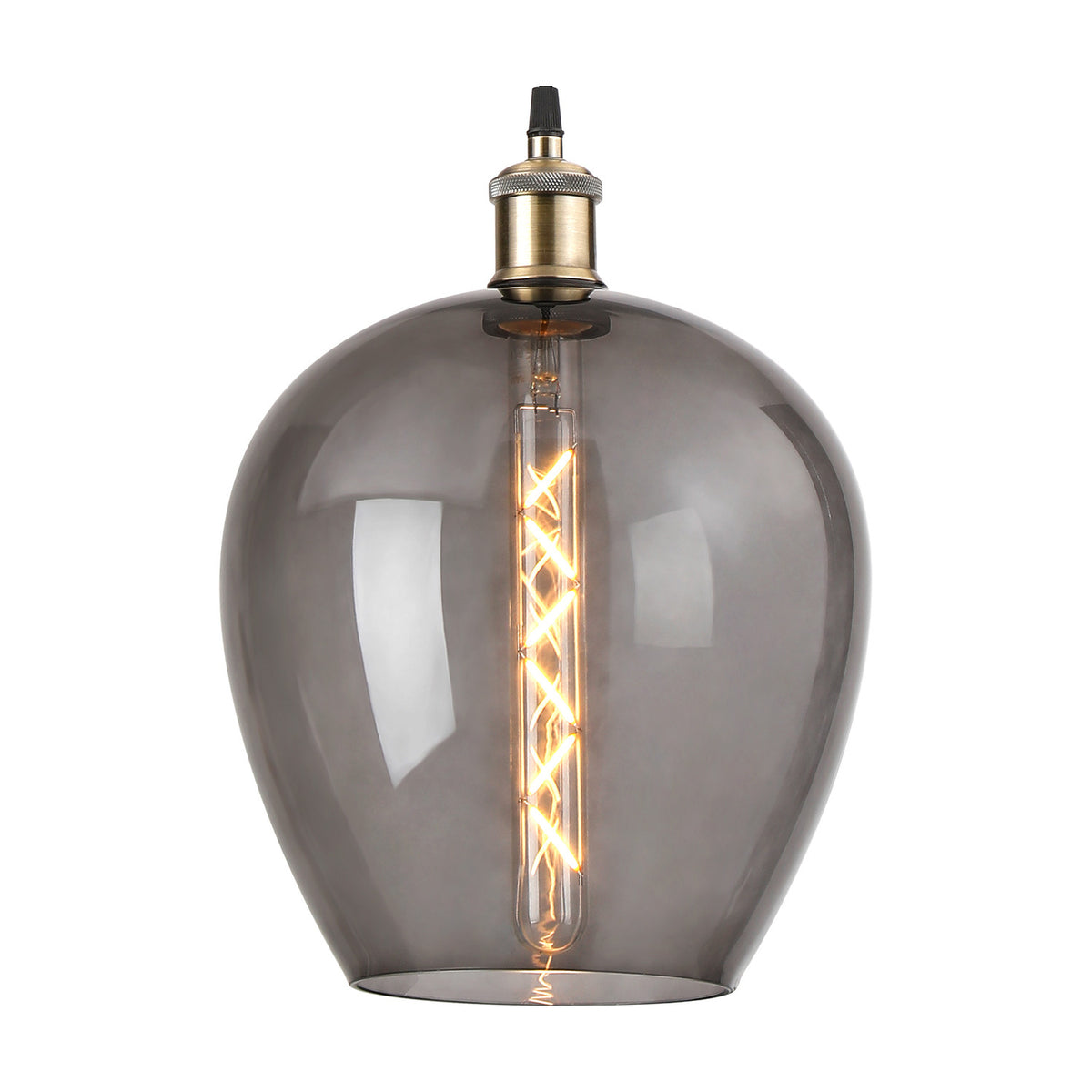 Cawdor E27 wine glass pendant light with a smoke-tinted 25cm glass shade, antique brass fitting, and black detailing, shown lit against a plain white background.