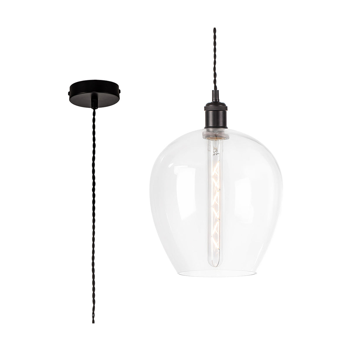 Cawdor E27 pendant light with a clear glass wine-glass-shaped shade, 25cm rim, matt black fitting and twisted flex, shown with and without ceiling rose on a white background.