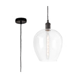 Cawdor E27 pendant light with a clear glass wine-glass-shaped shade, 25cm rim, matt black fitting and twisted flex, shown with and without ceiling rose on a white background.