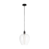 Cawdor E27 pendant light with a 25cm clear glass wine-glass shaped shade and matt black fitting, hung on a black twisted cable against a plain white background.