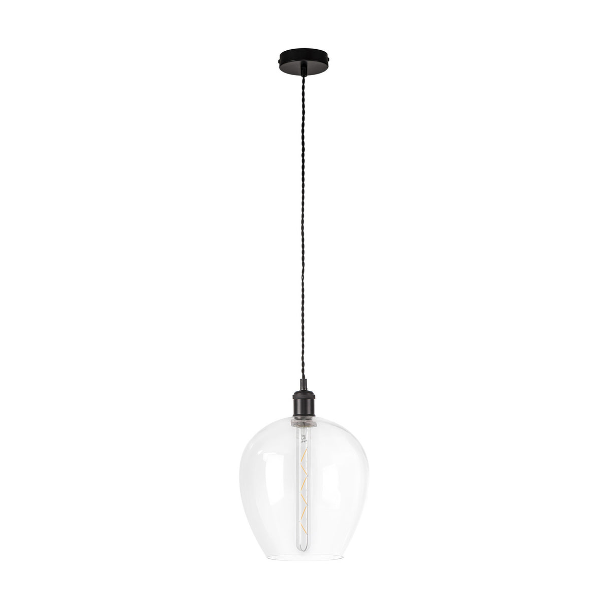 Cawdor E27 pendant light with a 25cm clear glass wine-glass shaped shade and matt black ceiling rose and cable, shown on a plain white background.