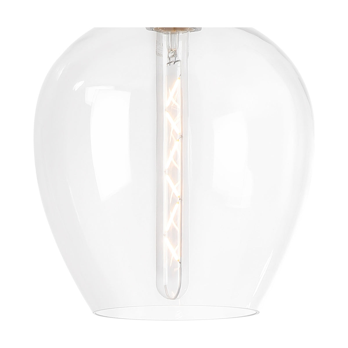 Cawdor E27 pendant light with a 25cm clear glass wine-glass shaped shade, matt black fitting, and visible tube filament bulb, shown on a plain white background.