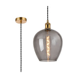 Cawdor E27 wine glass pendant light in 25cm smoke-tinted glass with gilt bronze and black metalwork, shown with its twisted black flex and round ceiling rose on a white background.
