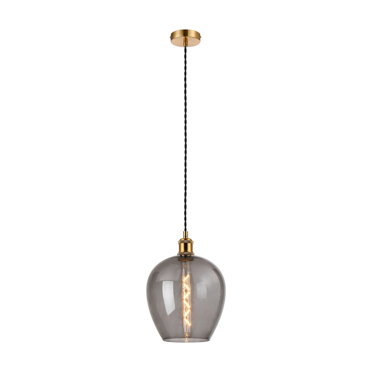 Cawdor E27 pendant light with a 25cm smoke-tinted glass bowl shade on a black twisted cord and gilt bronze ceiling mount, shown against a plain white background.