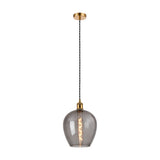 Cawdor E27 pendant light with a 25cm smoke-tinted glass bowl shade on a black twisted cord and gilt bronze ceiling mount, shown against a plain white background.
