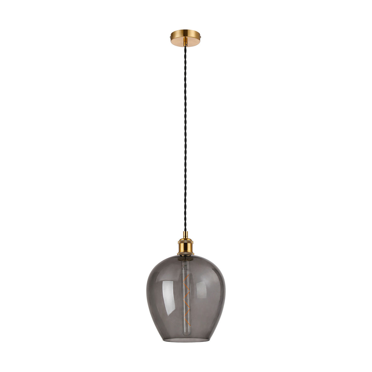 Cawdor E27 pendant light with a 25cm smoke-tinted glass wine glass-shaped shade, gilt bronze fitting with black twisted cable, shown on a plain white background.